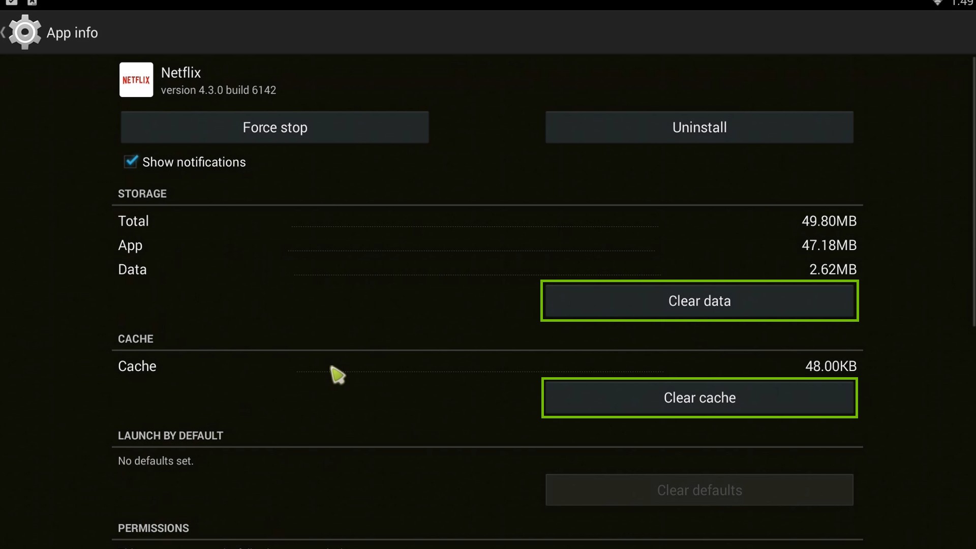 SkyStream One App Info screen, highlighting the Clear data and Clear cache buttons.