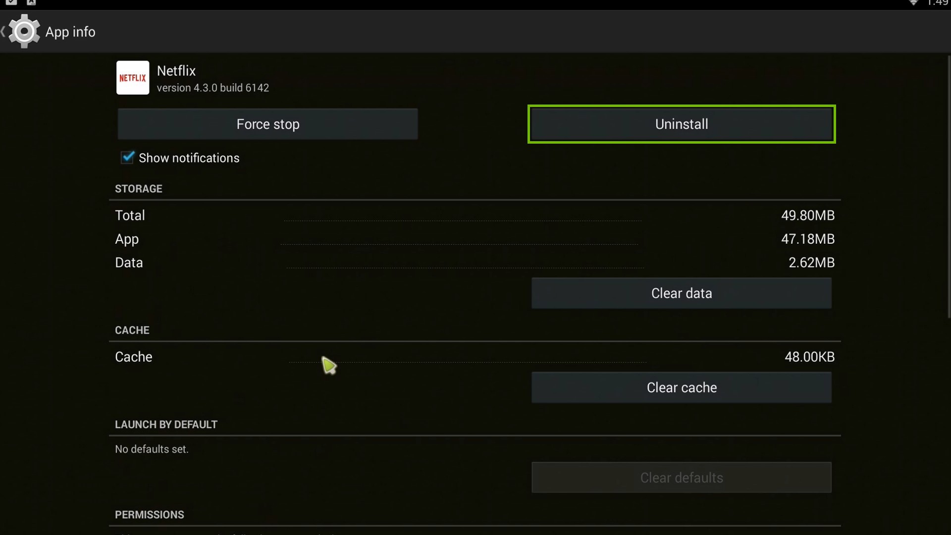 SkyStream One App Info screen, highlighting the Uninstall button.