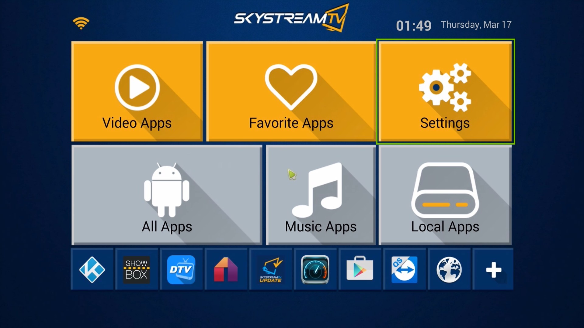 SkyStream One home screen, highlighting the Settings icon.
