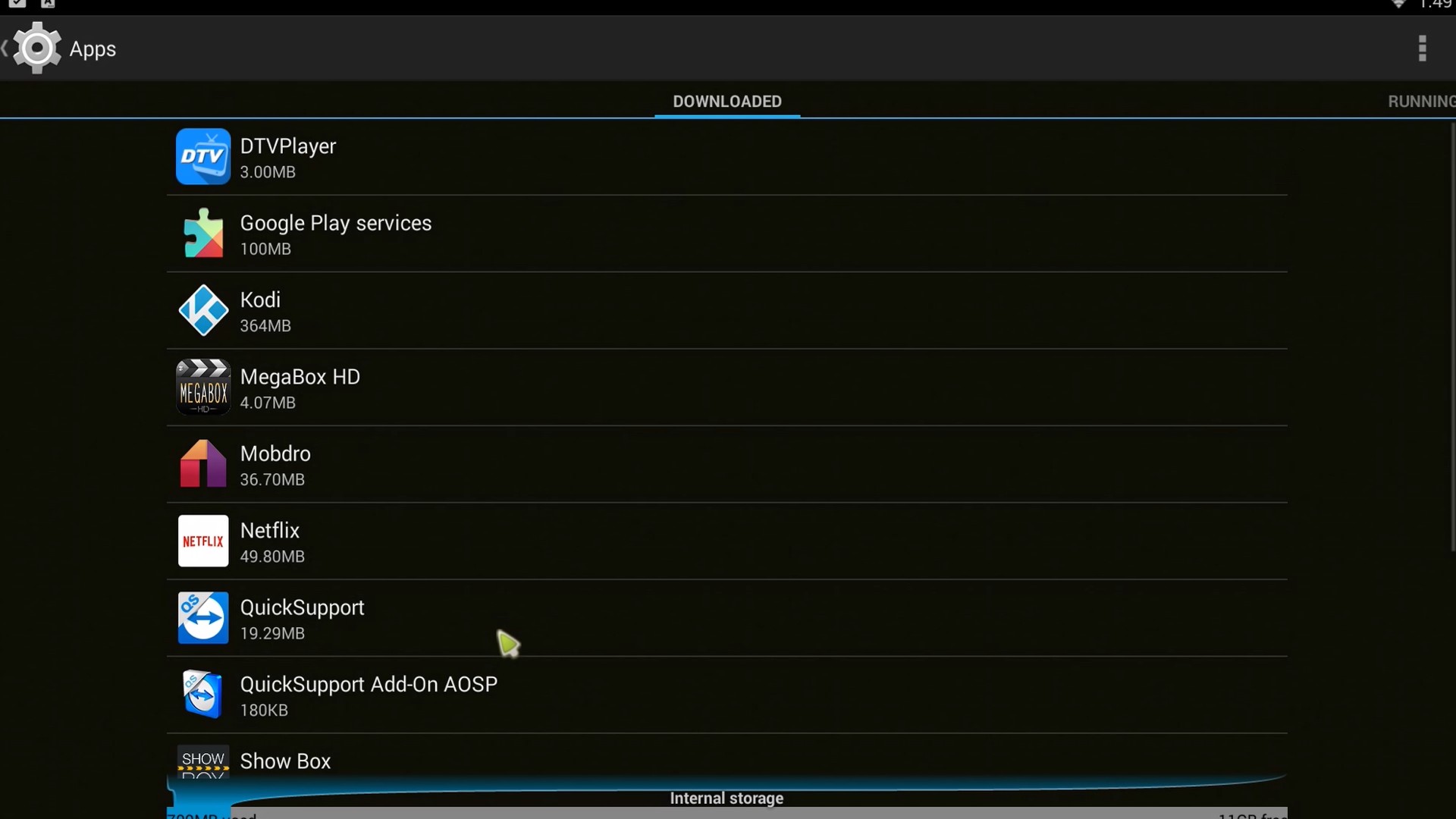 SkyStream One Apps menu, displaying a list of available apps.