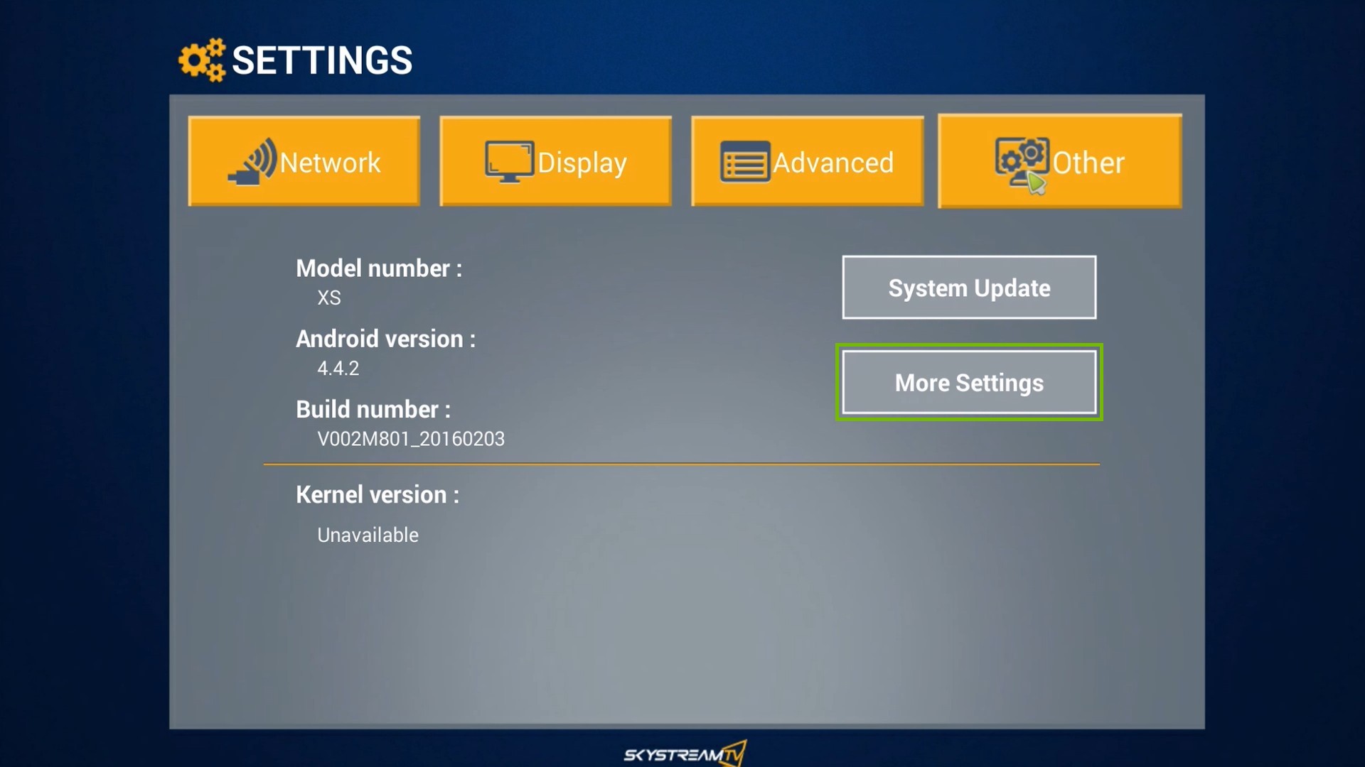 SkyStream One Settings menu, highlighting the More Settings option.