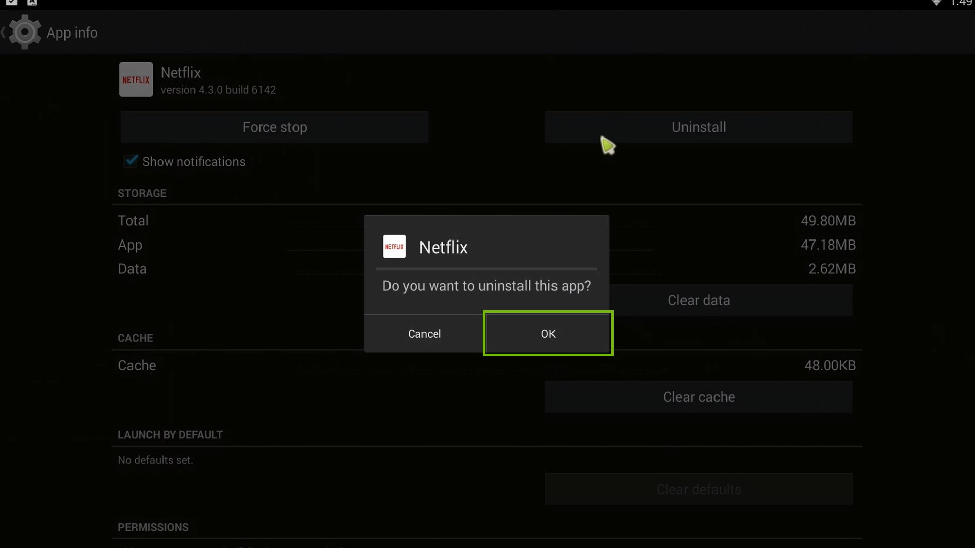 SkyStream One App uninstall prompt, highlighting the OK button.