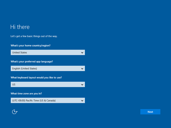 Windows 10 initial setup screen