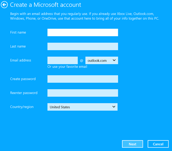 Windows 10 create a Microsoft account screen.