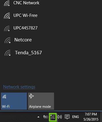 Windows 10 system tray highlighting the Wi-Fi icon.