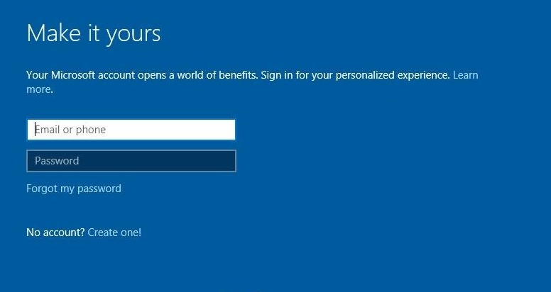 Windows 10 prompting the user to sign into or create a Microsoft account.