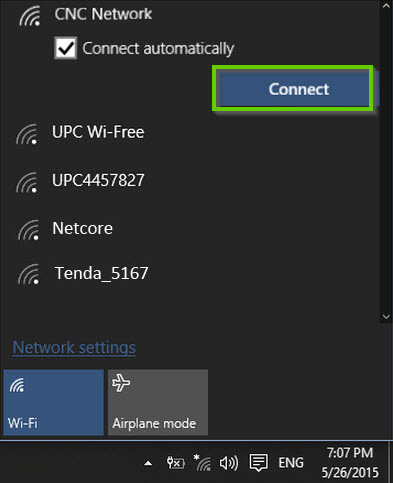 Windows 10 network connection menu highlighting the connect button for the selected network.