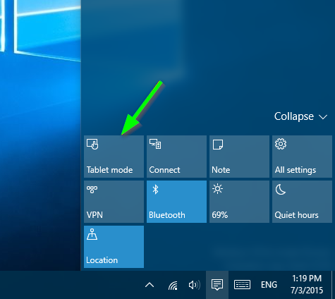 Windows 10 notifications menu highlightig the tablet mode button.