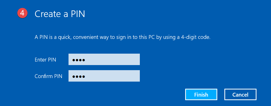 Windows 10 prompting the user to create a login PIN.