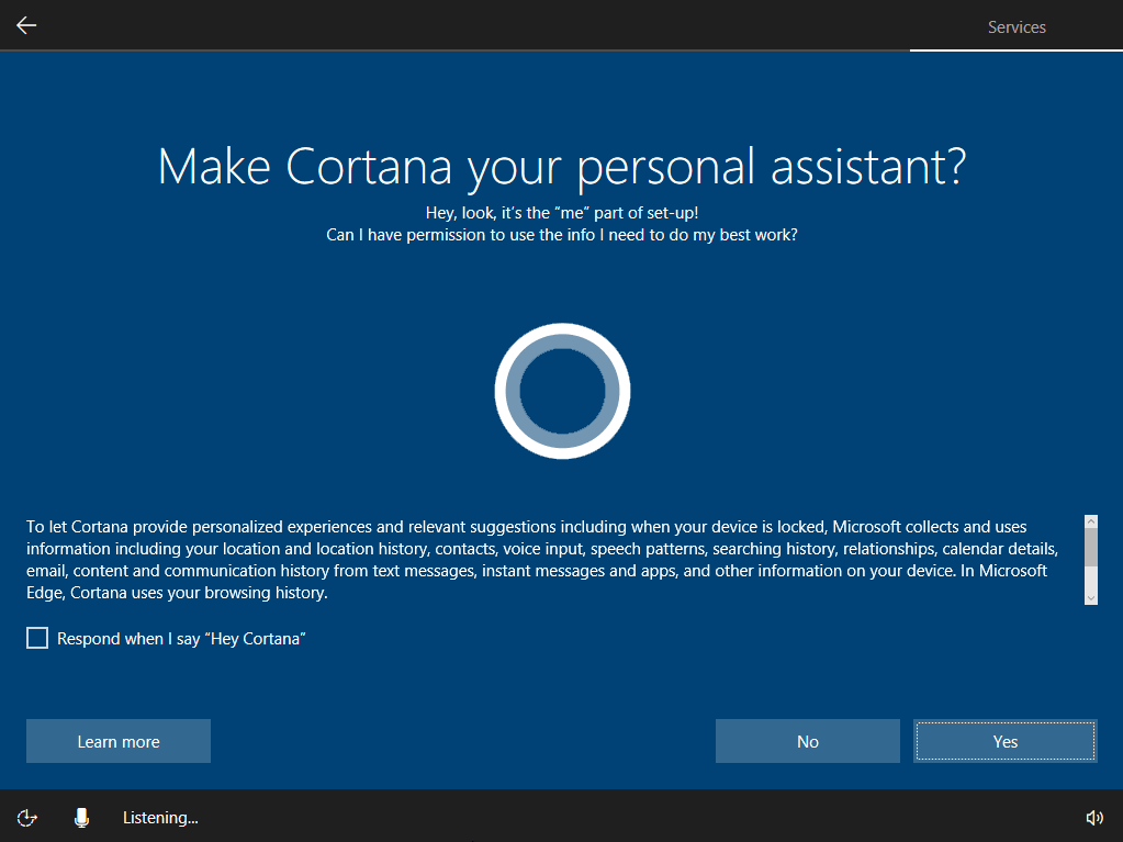Windows 10 set up Cortana screen.