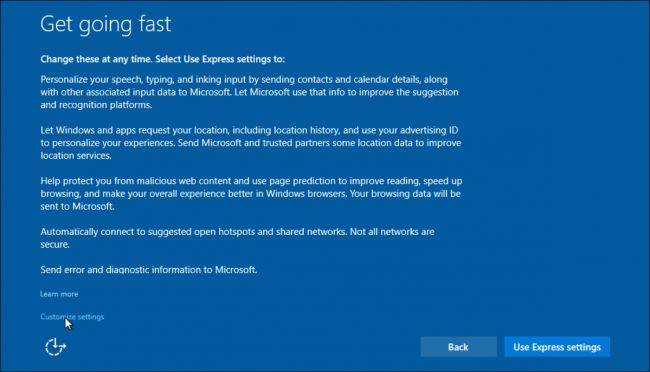 Windows 10 get going fast screen