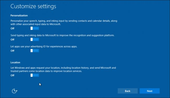 Windows 10 customize settings screen