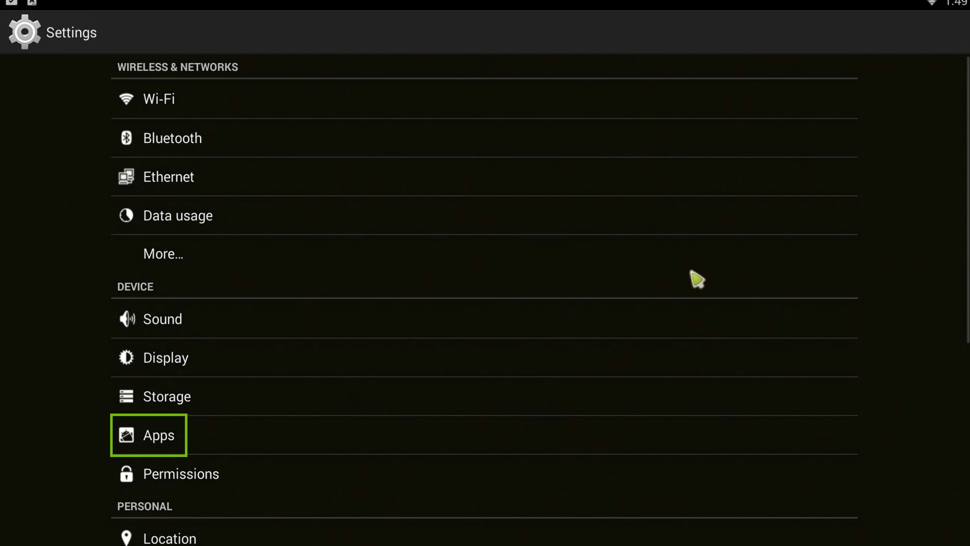 SkyStream One Settings menu, highlighting the Apps option.