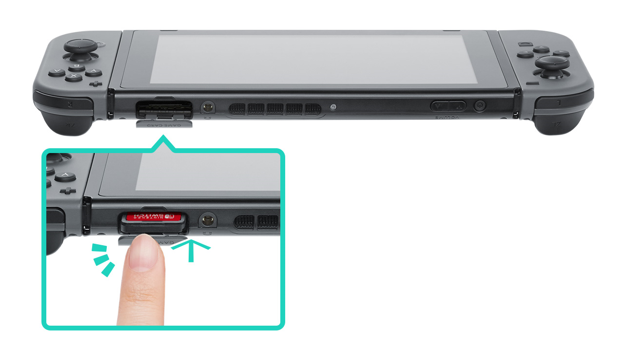 Inserting a game cartridge into the Nintendo Switch. Illustration.