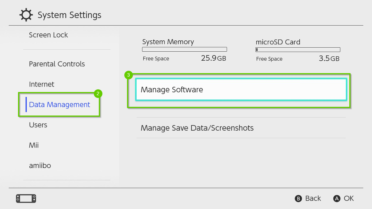 Nintendo Switch system settings menu highlighting the data management and manage software options.