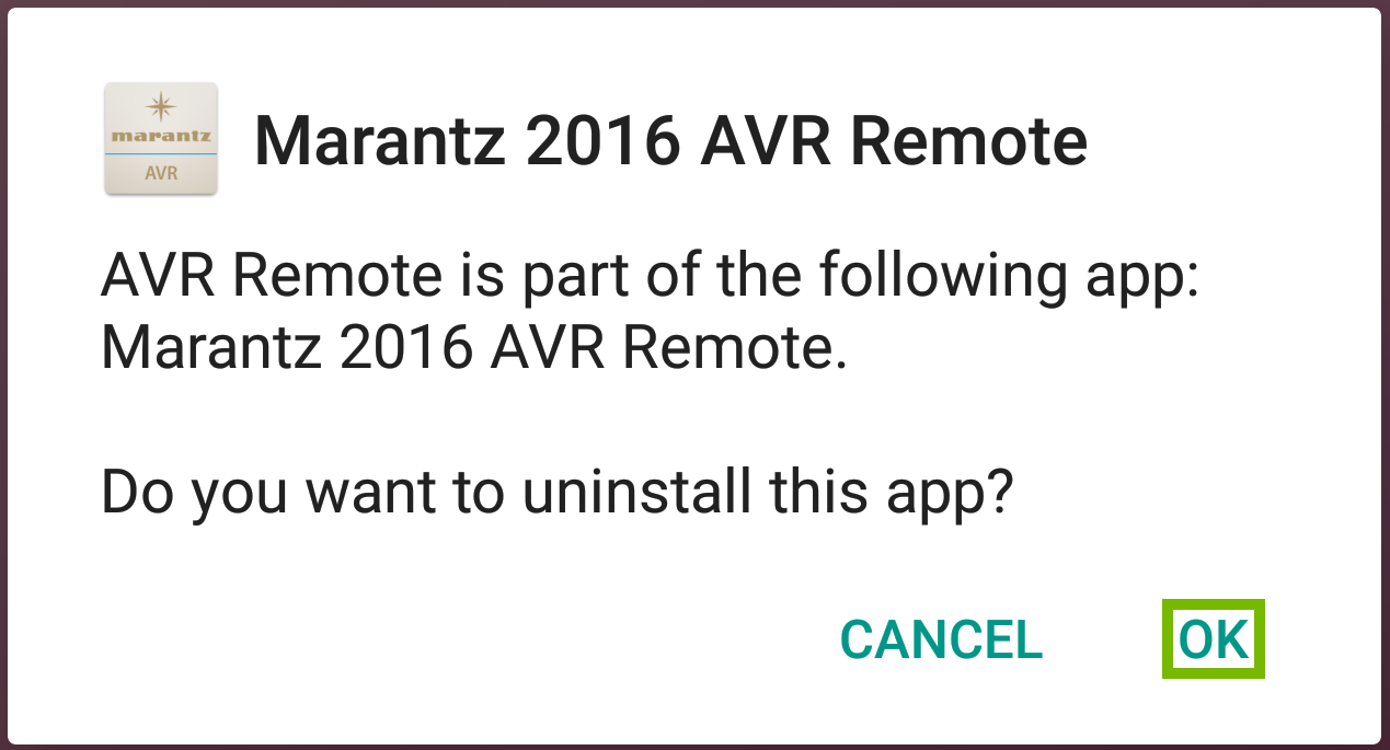 Uninstall dialog box with OK highlighted