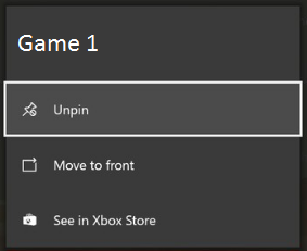 Game 1 window with Unpin highlighted