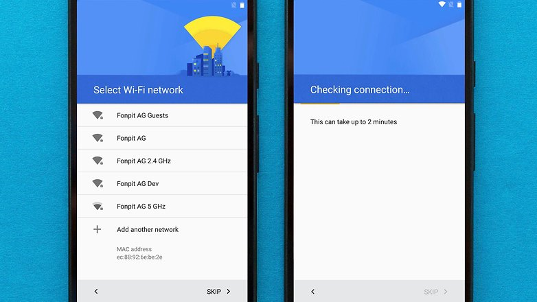 Android first time set up showing selection of Wi-Fi networks