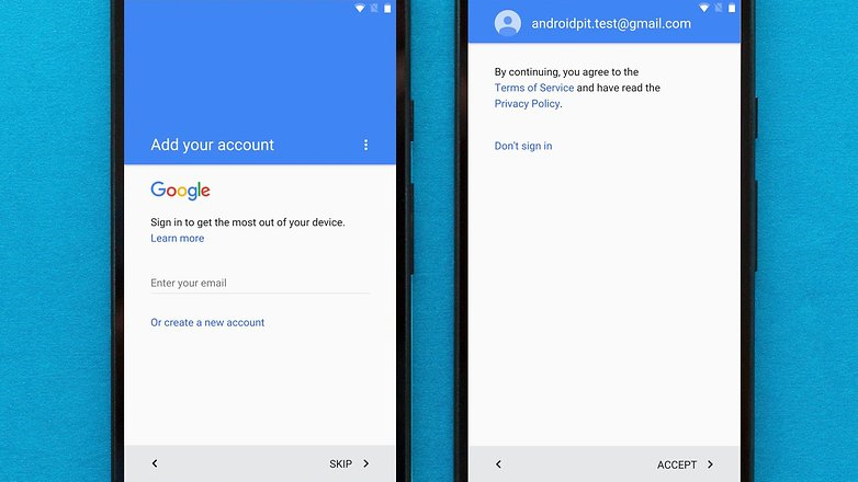 Android first time setup showing how to add a google account