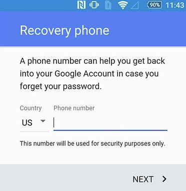 Google account recovery phone page