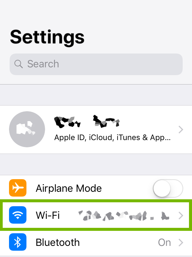 Settings menu with Wi-Fi and connected Wi-Fi network highlighted