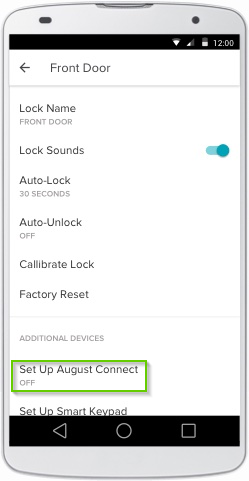 August Home menu for Front Door with set up august connect highlighted