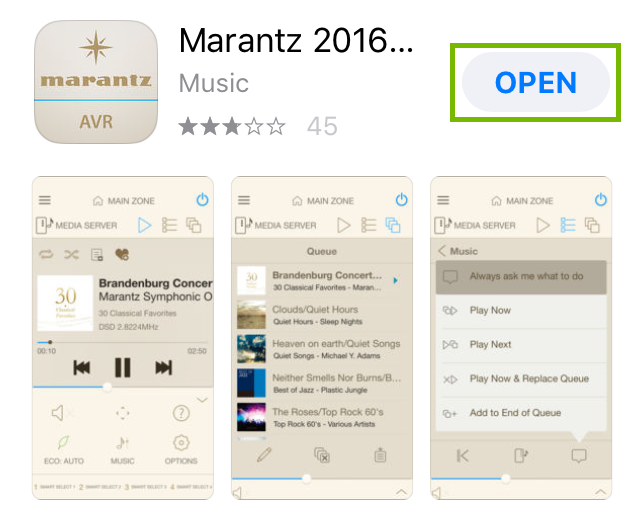 Marantz app page highlighting the open button.