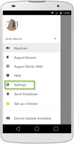 August Home app menu with settings highlighted