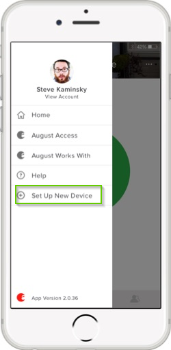 August home app menu highlighting the set up new device option.