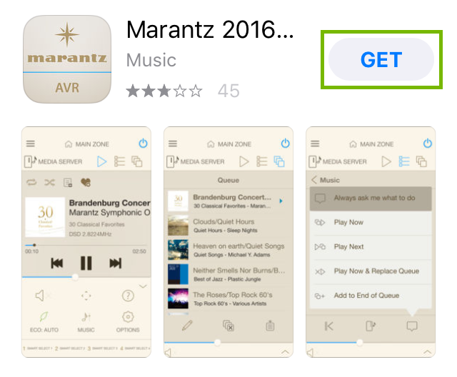 Marantz AVR Remote app page with Get highlighted
