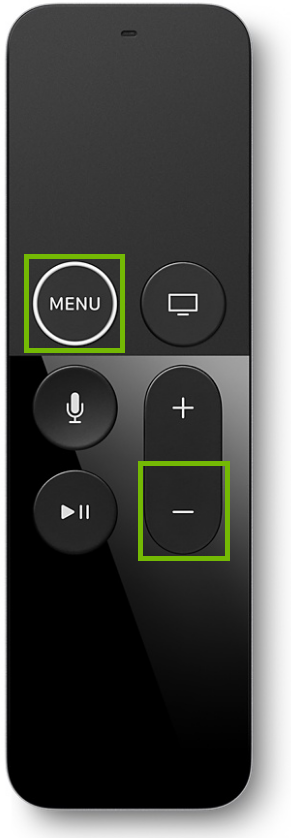 Apple TV remote control, highlighting the menu and volume down buttons.