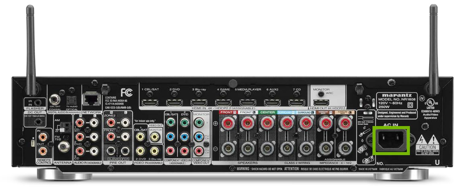 Back of receiver with power outlet highlighted