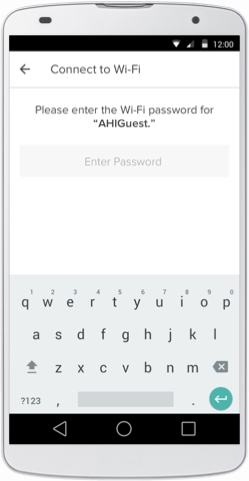 August Home app Wi-Fi setup page with keyboard for password