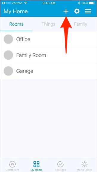 Smartthings my home page with the plus sign highlighted
