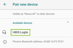 Pair new device settings page with Bluetooth device highlighted under Available Devices