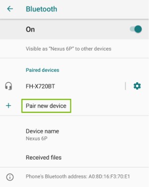Bluetooth settings page with Pair new device highlighted