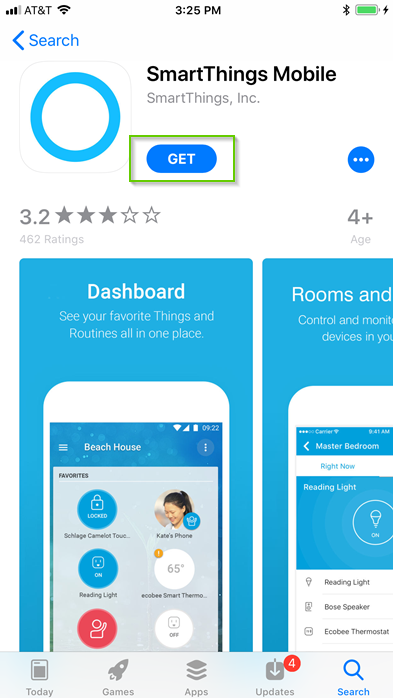 Smartthings ios app page with GET highlighted