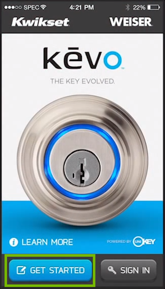 Screenshot of Kevo program with get started button highlighted