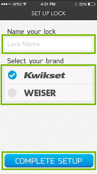 screenshot of set up lock with lock name, brand, and complete setup button highlighted