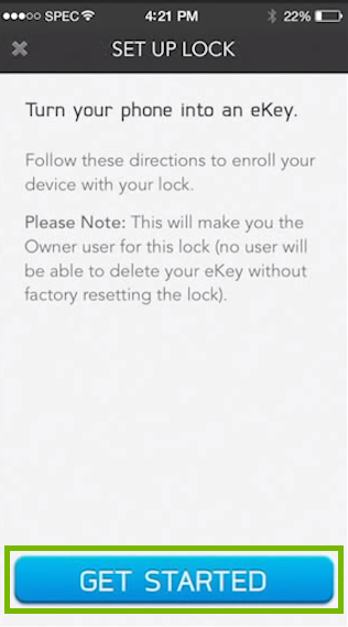 screenshot of lock setup with get started button highlighted