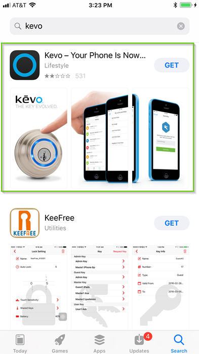 iOS search results for kevo app