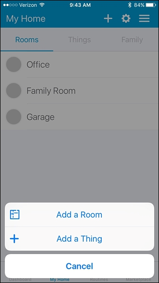 Smartthings app with add a thing pop up