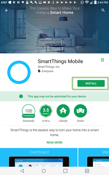 Google play store smartthings mobile app page showing install highlighted