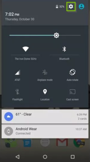 Quick Settings page with Settings gear highlighted