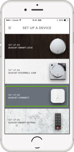 August Home set up a device page with set up an august connect highlighted