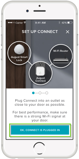 August Home app page with OK, Connect is plugged in highlighted