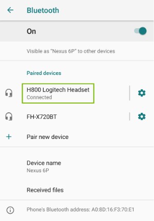 Bluetooth settings page with a paired device highlighted
