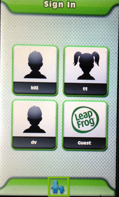 LeapPad sign in screen with Parent-Child icon selected below.