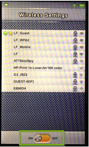 Wireless Settings screen with a list of available wireless networks and a wireless radio switch in the ON position.