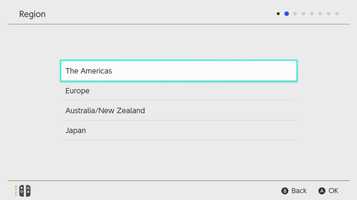 Nintendo switch setup screen showing region selection